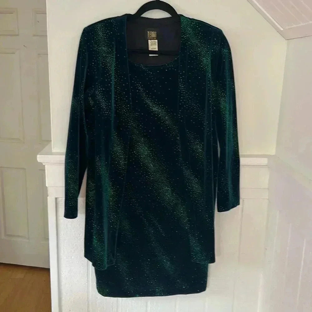 Teddi Evening Velvet Sequin Green Dress with Jacket Overlay  8P Holiday Party